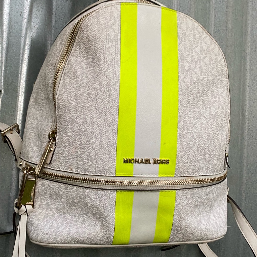 Michael Kors White and Neon Yellow Logo Monogram Backpack - Picture 7 of 7
